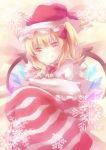  blonde_hair bow christmas_stocking fang flandre_scarlet hat highres looking_at_viewer pale_color pink red_eyes revision santa_hat short_hair side_ponytail smile snowflakes solo star striped touhou wings zinczinc_ka 