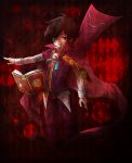  1boy aura book brown_hair cape chain chains clock coin_(co-in) formal glasses highres outstretched_arm puyopuyo red_background red_eyes solo strange_klug 
