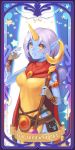  blue_skin blush dakun horn league_of_legends long_hair pointy_ears smile solo soraka staff tabard yellow_eyes 