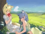  albreo animal_ears blonde_hair blue_hair blush book cat_ears cat_tail dress grass green_eyes highres ladybug long_hair multiple_girls original purple_eyes scenery short_hair tail thigh-highs thighhighs tree violet_eyes 