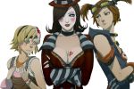  3girls bandage bandages blonde_hair blue_eyes borderlands borderlands_2 breast_envy breasts brown_hair cleavage crossed_arms earrings frown gaige gb_(doubleleaf) gloves green_eyes hat jewelry long_hair mad_moxxi mask moxxi multiple_girls red_hair redhead simple_background tiny_tina twintails white_background 