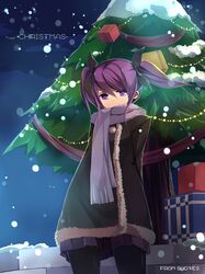  aisha_(elsword) arms_behind_back artist_name black_legwear christmas christmas_tree coat elsword gift highres pantyhose purple_eyes purple_hair sad scarf short_hair skirt snow solo swd3e2 tears twintails violet_eyes 