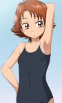  arm_up brown_hair manji_(tenketsu) natsuki_rin precure red_eyes school_swimsuit short_hair solo swimsuit yes!_precure_5 