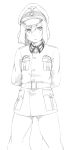  :&lt; arms_behind_back copyright_request hat looking_at_viewer majima_yuki military military_uniform monochrome peaked_cap short_hair simple_background solo uniform white_background 