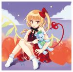  bare_shoulders blonde_hair blush bow dress flandre_scarlet hair_bow looking_at_viewer red_eyes shiina_aya side_ponytail sitting skirt socks solo stuffed_animal stuffed_toy teddy_bear tongue tongue_out touhou wings 
