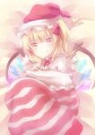  blonde_hair bow christmas_stocking fang flandre_scarlet hat highres looking_at_viewer pale_color pink red_eyes santa_hat short_hair side_ponytail smile solo star striped touhou wings zinczinc_ka 
