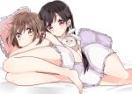  black_hair brown_eyes brown_hair bunny hirasawa_yui k-on! long_hair lying meno multiple_girls nakano_azusa nightgown pillow rabbit red_eyes short_hair stuffed_animal stuffed_bunny stuffed_toy twintails 