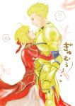  1boy 1girl ahoge armor blonde_hair earrings fate/extra fate/extra_ccc fate/stay_night fate_(series) gilgamesh green_eyes hair_ribbon heart highres hug jewelry nachi_jd ribbon saber_extra short_hair smile spoken_heart sweat 