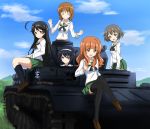  akiyama_yukari black_hair blush brown_eyes brown_hair caterpillar_tracks closed_eyes eyes_closed girls_und_panzer hairband highres isuzu_hana long_hair military military_vehicle multiple_girls nishizumi_miho open_mouth orange_eyes orange_hair reizei_mako school_uniform serafuku short_hair skirt smile suemizu_yuzuki takebe_saori tank thigh-highs thighhighs vehicle 