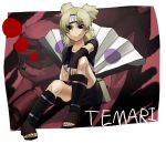  1girl akimi_(adexi) blonde_hair blue_eyes boots dress english eyepatch fan fishnets forehead_protector gloves naruto quad_tails short_hair sitting smile solo temari weasel 