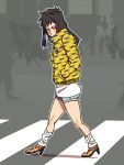  1girl black_hair coat habatakuhituji hashiba_koiko hashiba_renko high_heels long_hair original shoes shorts yellow_eyes 