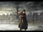  bird black_eyes black_hair chainlink_fence cigarette city cloudy_sky coat expressionless ferris_wheel junk letterboxed long_hair looking_at_viewer monochrome original red_scarf scarf scenery smoking snow solo spot_color standing tori_(qqqt) wind 