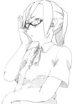  adjusting_glasses copyright_request glasses looking_at_viewer majima_yuki monochrome ponytail semi-rimless_glasses short_hair simple_background solo traditional_media under-rim_glasses white_background 