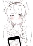  animal_ears blurry blush cellphone cellphone_camera copyright_request depth_of_field glasses_on_head looking_at_viewer majima_yuki monochrome phone short_twintails simple_background solo spot_color traditional_media twintails v white_background 