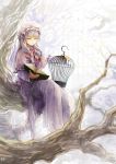  aocean birdcage book bow branch cage capelet crescent dress hair_bow hat holding holding_book long_hair looking_at_viewer open_book patchouli_knowledge purple_eyes purple_hair smile solo touhou violet_eyes 