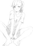  barefoot copyright_request looking_at_viewer majima_yuki monochrome shorts side_ponytail simple_background sitting solo traditional_media white_background 