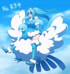  1girl altaria blue_eyes blue_hair blush kuromiya long_hair open_mouth personification pokemon pokemon_(creature) riding sky 