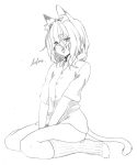  animal_ears between_thighs bottomless cat_ears cat_tail copyright_request english flat_chest hair_between_eyes head_tilt looking_at_viewer majima_yuki monochrome shirt short_hair simple_background sitting solo tail traditional_media v_arms wariza white_background 