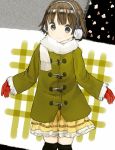  black_legwear blush brown_eyes brown_hair coat earmuffs gloves looking_at_viewer nasuna original scarf school_uniform short_hair skirt smile solo thigh-highs thighhighs 