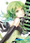  bare_shoulders black_gloves breasts cover cover_page elbow_gloves gloves green_eyes green_hair gumi petals rahwia short_hair smile solo vocaloid 
