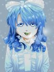  1girl absurdres blue_eyes blue_hair candy drill_hair flytolive hair_ribbon highres lollipop looking_at_viewer mai_(touhou) ribbon shirt snow touhou touhou_(pc-98) 