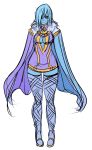  1girl blue_eyes blue_hair blue_skin breasts cape cleavage cleavage_cutout fi hair_over_one_eye highres maniacpaint minidress no_arms pigeon-toed short_hair sketch skyward_sword smile solo the_legend_of_zelda thigh-highs thigh_gap thighhighs zettai_ryouiki 