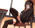  bangs black_hair black_legwear blazer breasts brown_eyes chair covering_mouth desk feet glasses hand_over_mouth hime_cut leaning_back long_hair necktie no_shoes original pinkwaters pleated_skirt school_uniform sitting skirt solo thigh-highs thighhighs window zettai_ryouiki 