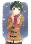  :d can coat green_hair hairband holding idolmaster looking_at_viewer mole open_mouth otonashi_kotori red_eyes scarf short_hair skirt smile snowing solo t-okada toggles 