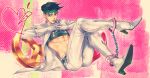  blue_eyes cuffs fabulous gedoooo gloves green_hair handcuffs headband heart jojo_no_kimyou_na_bouken kishibe_rohan lipstick makeup midriff peace_symbol solo 