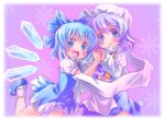  :3 :d blue_eyes blue_hair blush cirno dress fang hand_holding hat highres holding_hands ice ice_wings letty_whiterock looking_at_viewer multiple_girls open_mouth renaoka short_hair skirt smile snowflakes touhou wings 