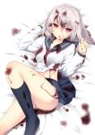 blood blood_on_face blood_stain bloody_clothes breasts leg_up looking_at_viewer lying nagomi_no_ame on_back open_mouth original panties red_eyes school_uniform serafuku silver_hair skirt solo underwear 