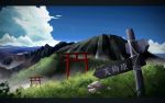  clouds grass landscape mountain no_humans original scenery sign sky torii wotake_fox 
