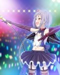  :d arms_up audience black_legwear blush brown_eyes chain chains cleavage_cutout collar elbow_gloves flat_chest garters gloves glowsticks grey_hair hair_ornament hairclip highres idolmaster idolmaster_cinderella_girls koshimizu_sachiko microphone navel open_mouth ougi_makoto outstretched_arm pinstripe_pattern short_hair skirt smile solo sweat thigh-highs thighhighs wings 