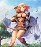  armor arrow blonde_hair boots bow_(weapon) breasts cape cleavage elf esukee gloves green_eyes looking_at_viewer midriff navel pointy_ears quill shingeki_no_bahamut short_hair shorts smile solo weapon wind 
