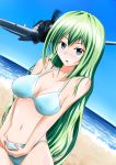  1girl airplane beach bikini blue_eyes dai-juuichi_koukuu_kantai green_hair long_hair mitsubishi_a6m_zero original swimsuit 