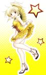  :d alternate_hairstyle blonde_hair blush dress dress_lift flower hidamari_sketch high_heels jewelry long_hair looking_at_viewer miyako mushoku_no_hourousha necklace open_mouth open_shoes ponytail smile solo sunflower yellow_eyes 