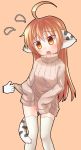  :o absurdres ahoge animal_ears blush brown_eyes brown_hair cat_ears cat_tail cursor flying_sweatdrops haruka_(ueno_musashi) highres long_hair original outline ribbed_sweater simple_background sleeves_past_wrists solo sweater tail thigh-highs thighhighs ueno_musashi white_legwear 