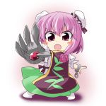  bandage bandages blush_stickers chibi claws code_geass double_bun flower hair_bun ibaraki_kasen ichimi looking_at_viewer open_mouth outstretched_arm parody pink_rose puffy_sleeves purple_eyes purple_hair rose shackle shirt short_hair short_sleeves skirt solo tabard touhou violet_eyes 