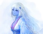  blue_eyes blue_skin elaizy hair_ornament ice_crystal japanese_clothes kimono long_hair monster_girl monster_girl_encyclopedia obi solo white_hair yuki_onna yuki_onna_(monster_girl_encyclopedia) 