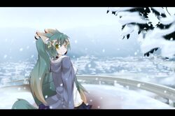  animal_ears grin kuromiya kuromiya_raika looking_at_viewer looking_back original scenery smile snow snowing solo tail 