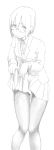  copyright_request glasses looking_at_viewer majima_yuki monochrome pantyhose school_uniform short_hair simple_background skirt skirt_lift solo traditional_media white_background 