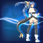  ass bare_back bare_shoulders black_legwear blue_background blue_hair boots breasts choker dizzy guilty_gear hair_ribbon long_hair minato_(leap-up) red_eyes ribbon solo tail tail_ribbon thigh-highs thighhighs twintails 