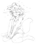  animal_ears closed_eyes copyright_request eyes_closed hoodie majima_yuki monochrome shaking_head short_hair simple_background sitting solo tail traditional_media wariza water_droplets white_background 