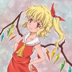  blonde_hair flandre_scarlet hand_on_hip haru_no_hito no_hat no_headwear red_eyes side_ponytail skirt skirt_set sleeveless smile solo touhou wings 