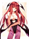  1girl ahoge bare_shoulders bat_print bat_wings blush breasts bridal_gauntlets embarrassed head_wings heart_cutout koakuma leotard long_hair looking_at_viewer low_wings morrigan_aensland morrigan_aensland_(cosplay) mound_of_venus pantyhose print_legwear red_eyes red_hair redhead shiren_(monochrome_structure) simple_background solo thigh_gap touhou vampire_(game) white_background wings 