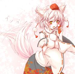  1girl animal_ears bare_shoulders blush cellphone detached_sleeves fang holding inubashiri_momiji kuronuko_neero phone skirt solo sweatdrop tail tail_wagging touhou white_background white_hair wolf_ears wolf_tail yellow_eyes 