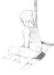  copyright_request from_behind majima_yuki monochrome short_hair sidelocks simple_background sitting solo traditional_media white_background wooden_floor 