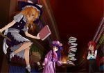  bat_wings blonde_hair book book_hug book_stack bookshelf braid broom candle crescent dress grin hair_ribbon hat head_wings holding holding_book kirisame_marisa koakuma long_hair mary_janes mimitabu multiple_girls patchouli_knowledge purple_eyes purple_hair red_eyes red_hair redhead ribbon shoes smile touhou violet_eyes wings witch_hat yellow_eyes 