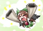  ^_^ absurdres arm_cannon blush_stickers bow brown_hair chibi closed_eyes dual_wielding eyes_closed hair_bow highres long_hair reiuji_utsuho shinapuu skirt smile solo touhou weapon wings 