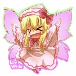  &gt;_&lt; blonde_hair blush character_name chibi hat kuromiya lily_white long_hair open_mouth simple_background smile solo touhou white_background wings 